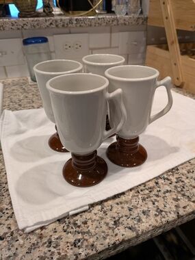 Hall Pottery White Ceramic Mugs with Brown Pedestal Bases Set of 4 Vintage 1272